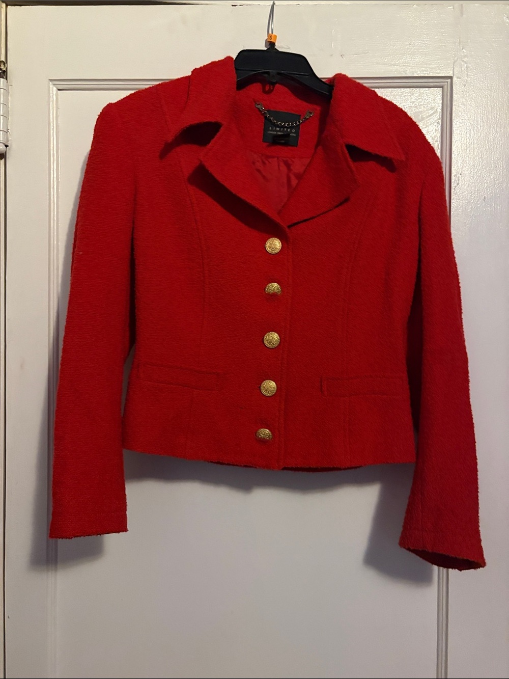 Limited Bright Red Textured Wool Blend Blazer with Gold Buttons